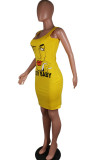 Yellow Sexy White Green Pink Yellow Spaghetti Strap Sleeveless Slip Sheath Knee-Length Print Dresses