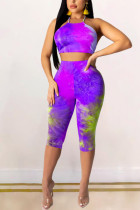 purple Fashion Sexy adult Ma'am Print backless Tie Dye Two Piece Suits pencil Sleeveless Two Pieces