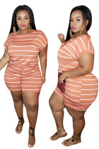 Orange Sexy Print Striped Short Sleeve Boat Neck Rompers