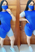 Blue Sexy Patchwork pencil Short Sleeve Two Pieces