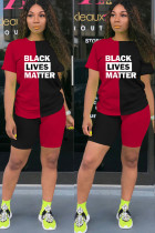 Черно-красный модный повседневный костюм из двух предметов для взрослых с надписью «Ma'am» в стиле пэчворк, прямой костюм из двух предметов с короткими рукавами
