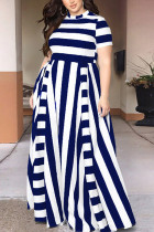 Hide Blue Fashion Sexy adult O Neck Striped Patchwork Print Stitching Plus Size