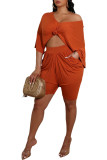 Orange Fashion Sexy adult Patchwork Solid Draped bow-knot pencil Half Sleeve Two Pieces