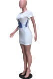 Белая мода, сексуальная взрослая белая крышка с короткими рукавами и круглым вырезом, мини-юбка с принтом, лоскутное бинт, цветные асимметричные платья