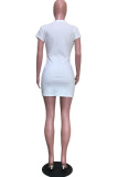 白ファッションセクシーな大人白キャップスリーブ半袖 O ネックステップスカートミニプリントパッチワーク包帯カラーリング非対称ドレス