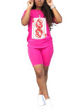 rose red Fashion adult Ma'am Street Print Two Piece Suits Straight Short Sleeve Two Pieces