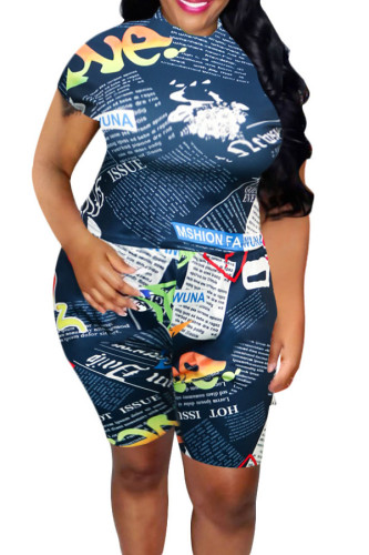 Dark Blue Polyester Casual O Neck Letter Print Newspaper Pattern Plus Size 