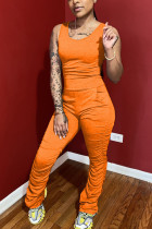 Orangefarbene Fashion Street Solid ärmellose Jumpsuits mit O-Ausschnitt