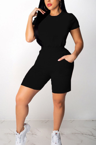Black Fashion Casual adult Ma'am Patchwork Solid Two Piece Suits pencil Short Sleeve Two Pieces