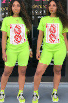 Fluorescerande grönt Mode vuxen Ma'am Street Print Tvådelade kostymer Rak Kortärmad Tvådelad