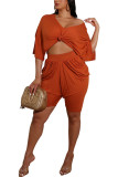 Orange Fashion Sexy adult Patchwork Solid Draped bow-knot pencil Half Sleeve Two Pieces