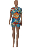 Blue Fashion Casual adult Ma'am Print Character Two Piece Suits Straight Short Sleeve Two Pieces