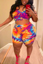 multicolor Rainbow Fashion Casual adult Ma'am V Neck Print Two Piece Suits Stitching Pattern Plus Size Tank Crop Tops And Shorts Sets