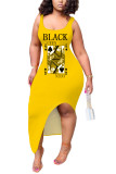 Желтый модный сексуальный взрослый белый черный желтый майка без рукавов с круглым вырезом Ступенчатая юбка до щиколотки с принтом лоскутное платье с разрезом