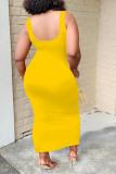 Black Fashion Sexy adult White Black Yellow Tank Sleeveless O neck Step Skirt Ankle-Length Print Patchwork split Dresses