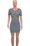 Red Casual Red Green Short Sleeves O neck Step Skirt Mini Striped Print Dresses