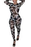 Black Fashion Sexy Print Patchwork perspective Mesh Long Sleeve O Neck Jumpsuits