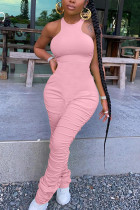 Roze mode straat patchwork effen gedrapeerde mouwloze jumpsuits met O-hals