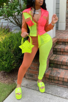 The lime green Milk Silk Sexy Solid contrast color pencil Long Sleeve Two Pieces
