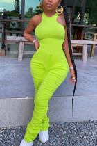 Флуоресцентно-зеленый модный уличный лоскутный однотонный драпированный комбинезон без рукавов с круглым вырезом