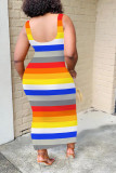 colour Fashion Sexy adult colour Tank Sleeveless Slip Step Skirt Ankle-Length Striped Print Patchwork Dresses
