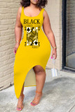 黒ファッションセクシーな大人白黒黄色タンクノースリーブ O ネックステップスカート足首までの長さのプリントパッチワークスプリットドレス