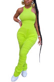 Fluorescent green Fashion street Patchwork Solid Draped Sleeveless O Neck Jumpsuits