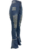 Grasgrün Schwarz Hellblau Dunkelblau Jeans Hosenschlitz mit Knopfleiste Mittleres Patchwork-Loch Boot-Cut-Hosenunterteile