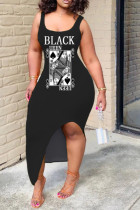 Черная модная сексуальная взрослая белая черная желтая майка без рукавов с круглым вырезом Ступенчатая юбка до щиколотки с принтом лоскутное платье с разрезом