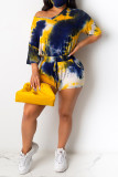 Blue Fashion Sexy adult Patchwork Print Tie Dye Two Piece Suits Straight Half Sleeve Two Pieces