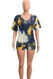 Blue Fashion Sexy adult Patchwork Print Tie Dye Two Piece Suits Straight Half Sleeve Two Pieces