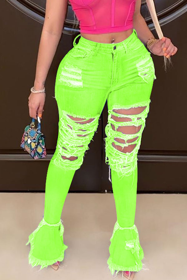 

Fluorescent green Black Light Blue Dark Blue Denim Button Fly Mid Patchwork Hole Boot Cut Pants Bottoms