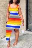 colour Fashion Sexy adult colour Tank Sleeveless Slip Step Skirt Ankle-Length Striped Print Patchwork Dresses