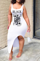 White Fashion Sexy adult White Black Yellow Tank Sleeveless O neck Step Skirt Ankle-Length Print Patchwork split Dresses