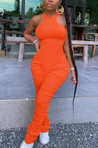 Combinaisons Orange mode rue Patchwork solide drapé sans manches col rond