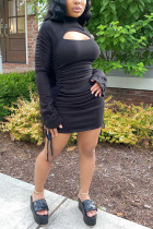 Черная мода, повседневная юбка для взрослых, черная, голубая, с короткими рукавами и длинными рукавами, водолазка, ступенчатая юбка, мини-пэчворк, повязки, однотонные платья с вырезами