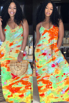 Orange Sexy Gradual Change Print Tie Dye Contrast V Neck Step Skirt Dresses