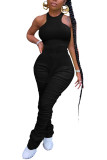 Black Fashion street Patchwork Solid Draped Sleeveless O Neck Jumpsuits