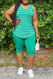 Grön blandning Casual Slip Striped Print Tvådelad kostym Stripe Plus Size