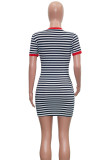 Green Casual Red Green Short Sleeves O neck Step Skirt Mini Striped Print Dresses