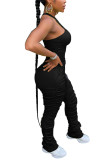 Black Fashion street Patchwork Solid Draped Sleeveless O Neck Jumpsuits