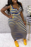 Red Blue Tank Sleeveless O neck Pencil Dress Ankle-Length Striped Colouring Dresses