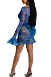 Синее модное сексуальное платье для взрослых, мэм, синее, оранжевое, с рукавами-колокольчиками, длинными рукавами, круглым вырезом, трапециевидной формы, длиной до колена, с принтом, асимметричные платья