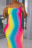 Rainbow color Sexy Fashion Print Suspender Backless Long Dress