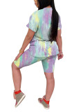 Blue Fashion Casual adult Patchwork Print Tie Dye Two Piece Suits Straight Short Sleeve Two Pieces