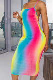 Vestido longo sem costas com estampa de moda sexy cor arco-íris