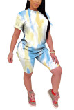 Blue Fashion Casual adult Patchwork Print Tie Dye Two Piece Suits Straight Short Sleeve Two Pieces