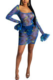 Синее модное сексуальное платье для взрослых, мэм, синее, оранжевое, с рукавами-колокольчиками, длинными рукавами, круглым вырезом, трапециевидной формы, длиной до колена, с принтом, асимметричные платья