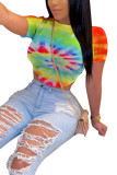 Camouflage Multi-color Camouflage O Neck Short Sleeve Patchwork Print Slim fit backless Camouflage Tie Dye Bandage crop top Tops