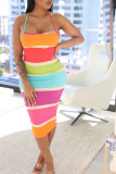 mehrfarbiges sexy Modedruck-Hosenträger-rückenfreies langes Kleid